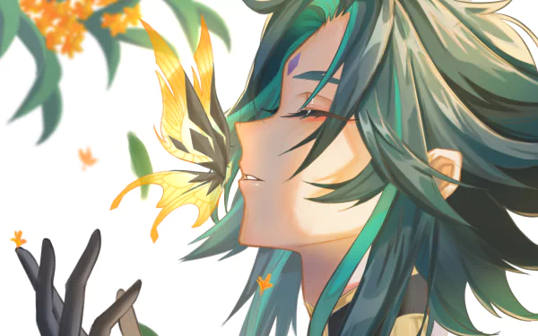 HD PC desktop wallpaper featuring Xiao from the video game Genshin Impact, surrounded by glowing butterflies and autumn leaves with a serene expression.