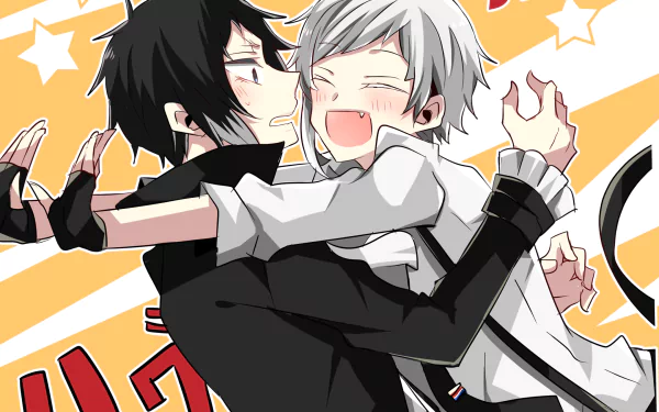 Anime HD PC wallpaper of Bungou Stray Dogs: Atsushi Nakajima (silver-haired) cheerfully hugging a flustered Ryūnosuke Akutagawa (black-haired) against a colorful background.