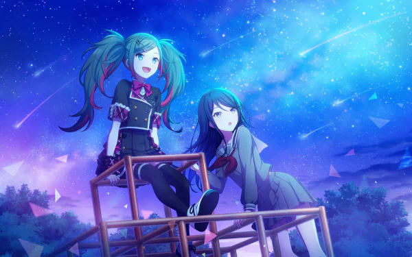 HD PC desktop wallpaper featuring Hoshino Ichika and Hatsune Miku from the video game Project Sekai: Colorful Stage! feat. Hatsune Miku against a starry night sky.