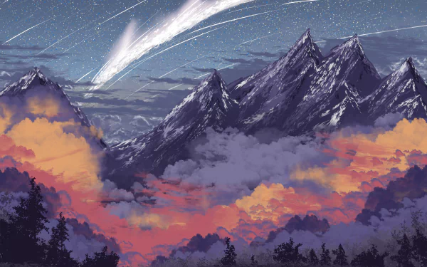 Artistic HD desktop wallpaper featuring a dramatic scene of mountain peaks under a starry sky with a bright meteor and vibrant sunset clouds.