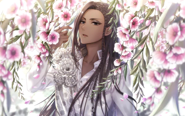 HD PC desktop wallpaper of Jamil Viper from the video game Twisted Wonderland, surrounded by delicate pink cherry blossoms.