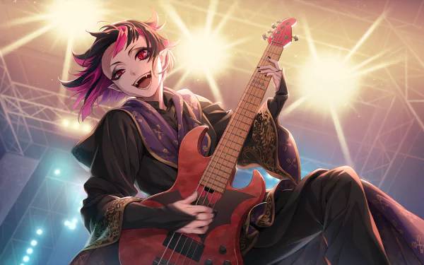 Lilia Vanrouge from the video game Twisted Wonderland playing an electric guitar on stage amid bright spotlights — HD PC desktop wallpaper/background.