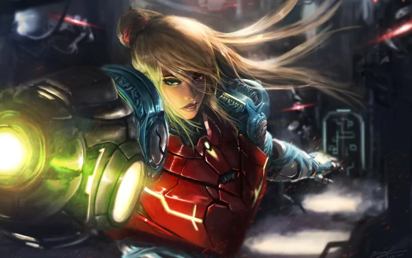 Samus Aran in her red Power Suit, arm cannon blazing in a dark sci‑fi corridor—dynamic action from Metroid Dread. HD PC desktop wallpaper/background, video game art.