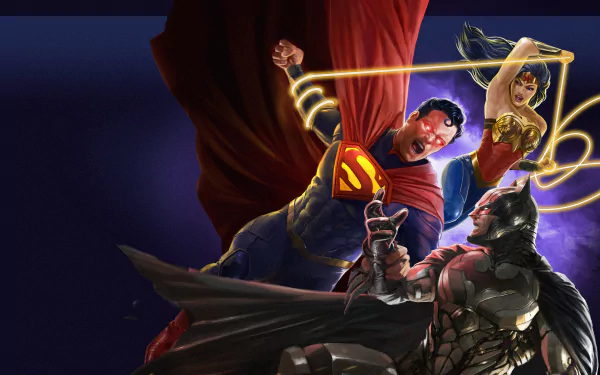 4K Ultra HD PC wallpaper of DC Comics' Superman lunging forward, Wonder Woman with glowing lasso behind him, and armored Batman confronting them in an Injustice movie–style scene.