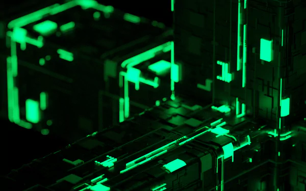 A HD desktop wallpaper featuring a green, abstract digital cube. The futuristic design highlights technological elements with vibrant lighting on a dark background.