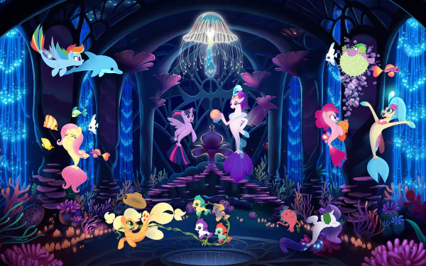 fish dolphin Spike (My Little Pony) Rarity (My Little Pony) Princess Skystar Pinkie Pie Rainbow Dash Fluttershy (My Little Pony) Applejack (My Little Pony) Queen Novo Twilight Sparkle movie My Little Pony: The Movie HD Desktop Wallpaper | Background Image