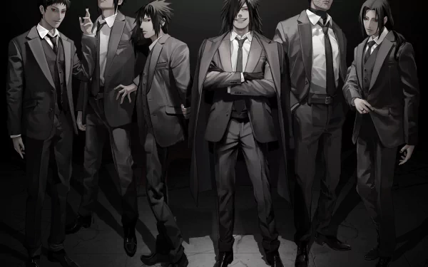 4K Ultra HD anime wallpaper featuring Uchiha Clan members Shisui, Sasuke, Obito, Madara, Izuna, and Itachi Uchiha dressed in sleek suits from Naruto.