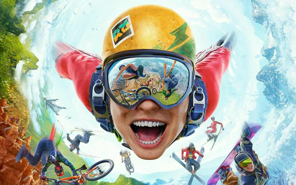 HD PC desktop wallpaper featuring vibrant action scenes from the video game Riders Republic, showcasing extreme sports like biking and skiing in a dynamic, immersive style.