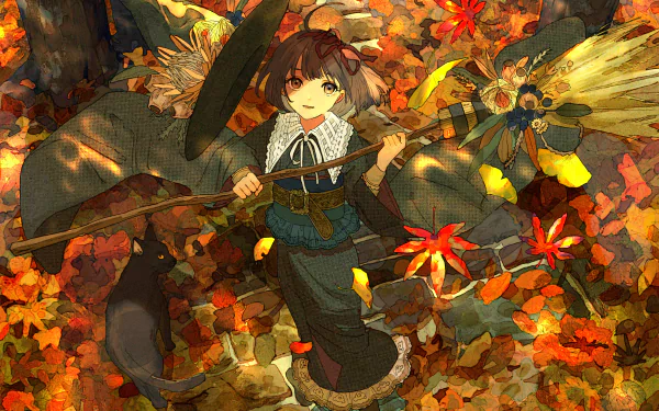 witch hat broom cat witch Anime girl anime girl anime cat HD Desktop Wallpaper | Background Image