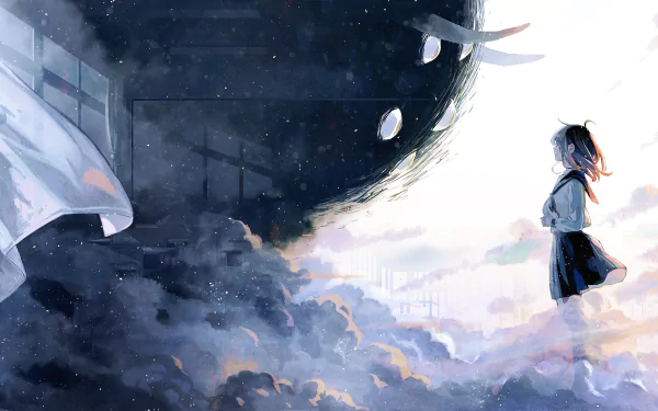Anime girl in a school uniform stands amidst clouds and mist, facing a dark, swirling celestial object, rendered in vibrant 4K Ultra HD detail.