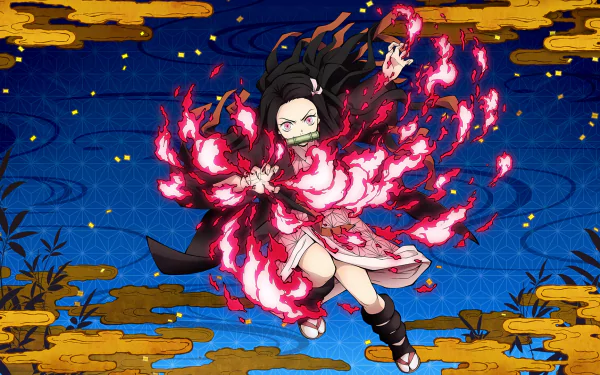HD PC desktop wallpaper featuring Nezuko Kamado from the video game Demon Slayer -Kimetsu no Yaiba- The Hinokami Chronicles in a dynamic battle pose with fiery effects.