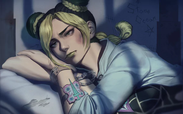 4K Ultra HD anime wallpaper featuring Jolyne Cujoh from Stone Ocean in JoJo's Bizarre Adventure, depicted resting with detailed shading and atmospheric lighting.