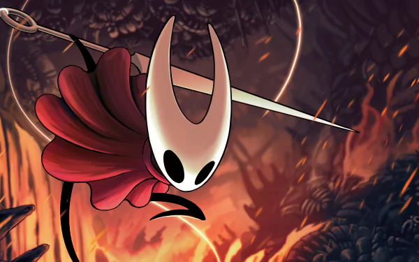 4K Ultra HD Hollow Knight video game wallpaper featuring the character in mid-air with a glowing sword against a dark, fiery background on a PC desktop.