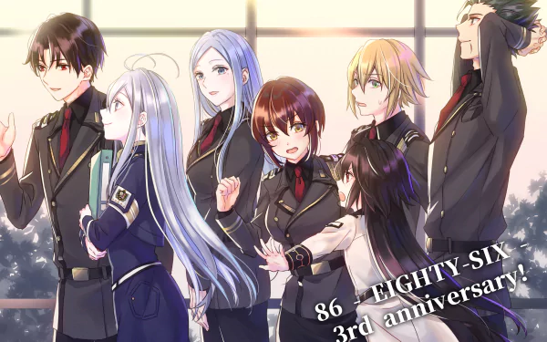 Anime wallpaper featuring Vladilena Milizé, Theoto Rikka, Shinei Nouzen, Raiden Shuga, Frederica Rosenfort, and Anju Emma from Eighty Six celebrating the series' 3rd anniversary.