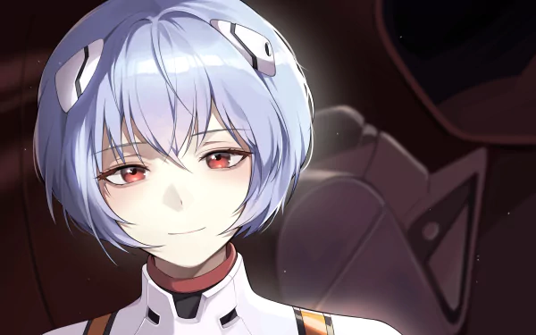 Rei Ayanami from Neon Genesis Evangelion in a soft-lit 4K Ultra HD anime PC desktop wallpaper: pale blue hair, red eyes, and plug suit details against a dark background.