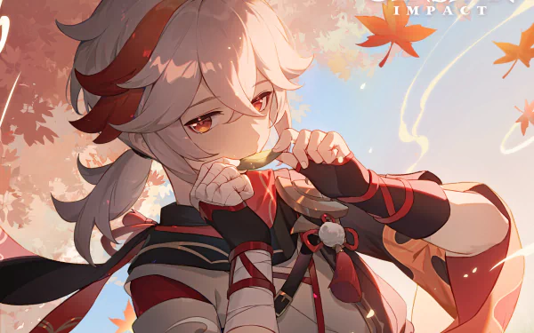 HD PC desktop wallpaper featuring Kaedehara Kazuha from Genshin Impact, surrounded by autumn leaves in a vibrant, detailed video game art style.