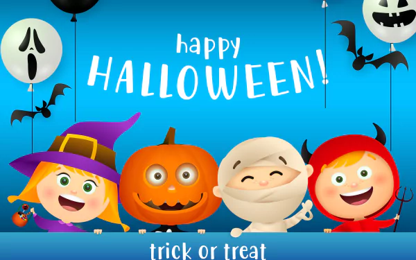 Happy Halloween trick-or-treat scene: smiling witch, jack-o'-lantern, mummy and devil kids with ghost balloons on bright blue background — colorful 5K Ultra HD PC desktop wallpaper/background.