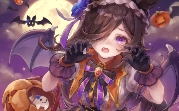 2K Quad HD wallpaper: Rice Shower from Uma Musume: Pretty Derby in a purple bat-witch costume, winking amid pumpkins, moon and bats — Halloween anime desktop background