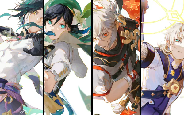 HD PC wallpaper featuring Albedo, Kaedehara Kazuha, Venti, and Xiao from the video game Genshin Impact, showcasing dynamic poses and vibrant colors.