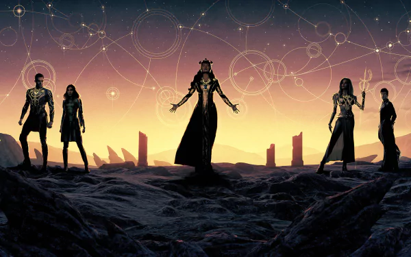 HD PC desktop wallpaper showcasing the main characters of the movie Eternals against a cosmic, starry background with abstract celestial designs.