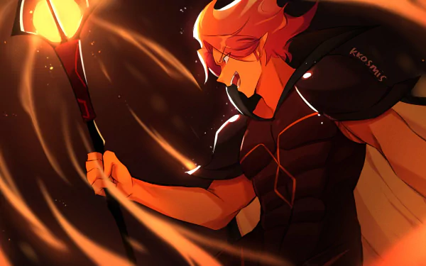 HD PC desktop wallpaper of Fire Spirit Cookie from the video game COOKIE RUN: KINGDOM, featuring vibrant fiery effects and dynamic lighting.