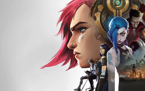HD desktop wallpaper featuring characters Mel Medarda, Jayce, Silco, Jinx, and VI from the TV show Arcane, part of the League of Legends universe.