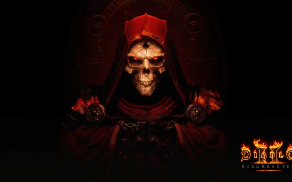 HD wallpaper of Diablo II: Resurrected featuring a menacing skull in a red hood against a dark background with game logo.