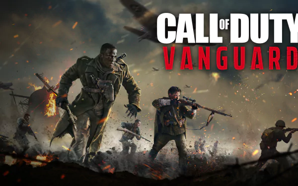 High-definition desktop wallpaper featuring action-packed artwork from Call of Duty: Vanguard, with soldiers advancing through battle amidst explosions.
