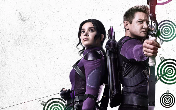 HD PC desktop wallpaper featuring Clint Barton and Kate Bishop from the Hawkeye TV show, portrayed by Jeremy Renner and Hailee Steinfeld, both in archery stances.