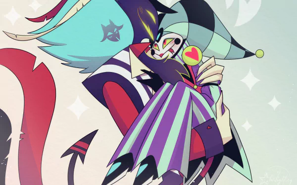 4K Ultra HD wallpaper featuring Fizzarolli and Asmodeus from the Helluva Boss TV show in a colorful, stylized embrace against a light background.