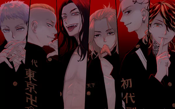 HD PC desktop wallpaper featuring Mikey, Manjiro Sano, Ken Ryuguji, Takashi Mitsuya, Haruki Hayashida, Kazutora Hanemiya, and Keisuke Baji from the anime Tokyo Revengers.