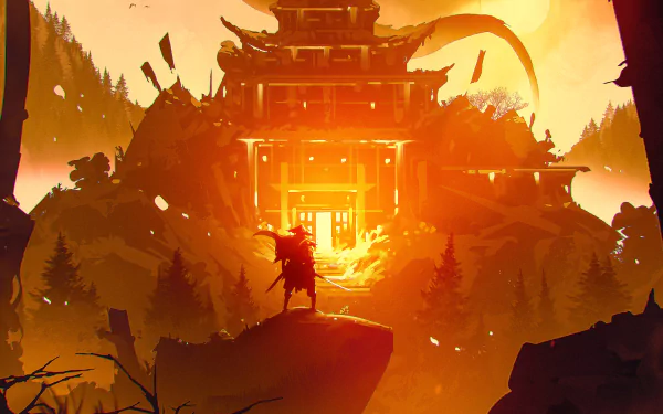 A lone samurai stands on a rock overlooking a glowing fantasy temple engulfed in warm, fiery hues, rendered in stunning 4K Ultra HD for PC desktop backgrounds.
