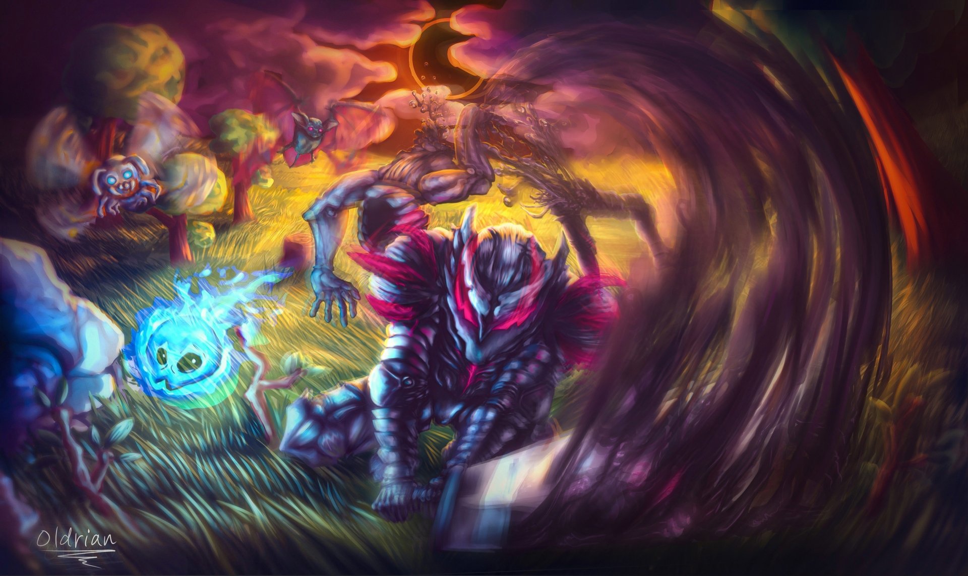 Guts (Berserk) lunging through a dark whirlwind with a glowing blue spirit, intense anime scene in vivid colors — 4K Ultra HD PC desktop wallpaper/background.