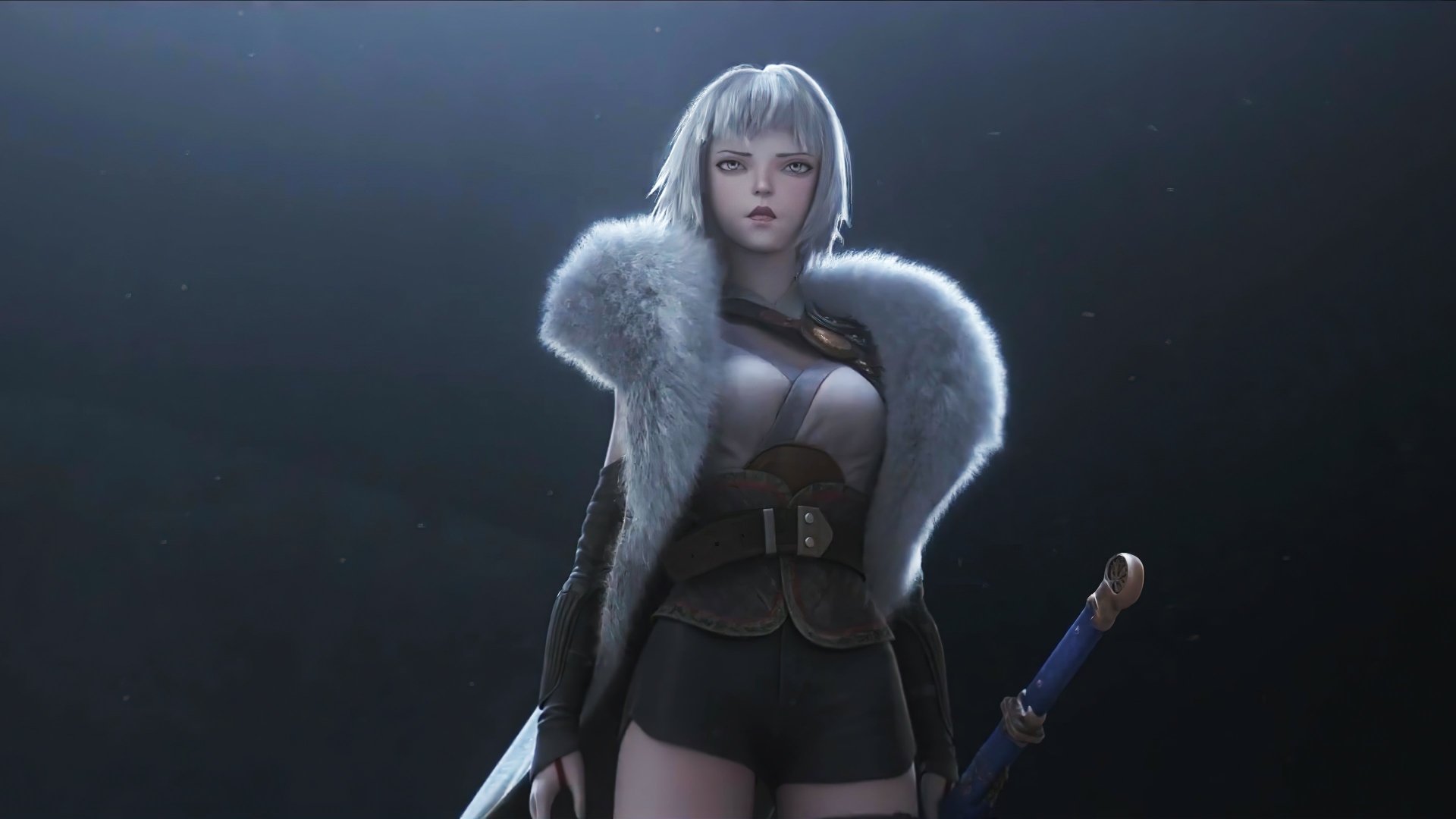 Anime wallpaper (Ling Long: Incarnation) — silver-haired female warrior in fur-trimmed coat and shorts, chest armor, holding sheathed sword, moody spotlight, 4K Ultra HD PC desktop background.