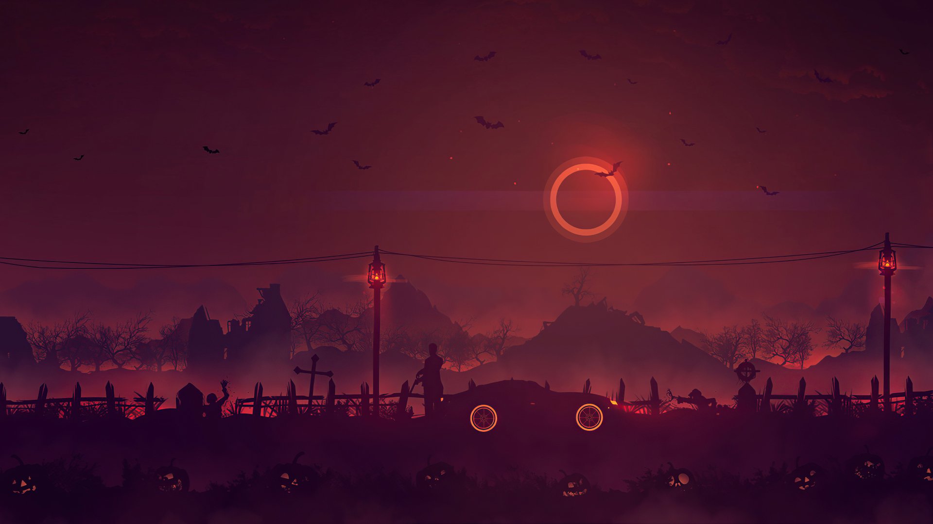A dark Halloween-themed 4K Ultra HD desktop wallpaper featuring a spooky landscape with glowing jack-o'-lanterns, silhouetted tombstones, and an eerie red eclipse in the sky.