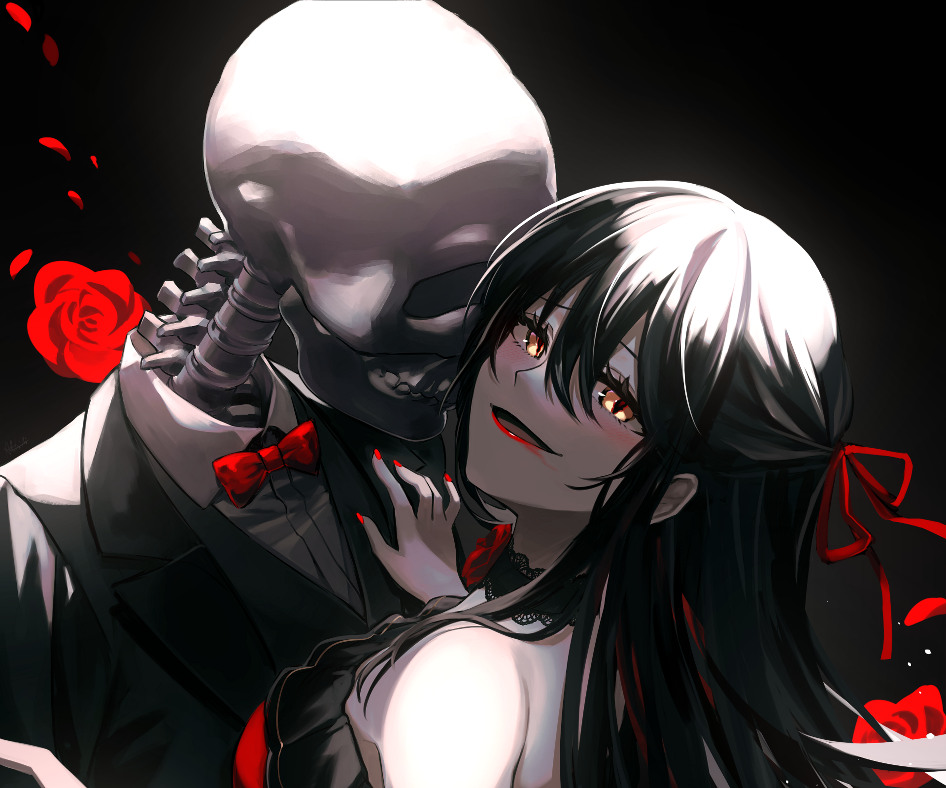 2K Quad HD PC desktop wallpaper of an anime girl with long black hair and red ribbons smiling beside a grinning skeleton, a red rose and scattered petals against a dark background.