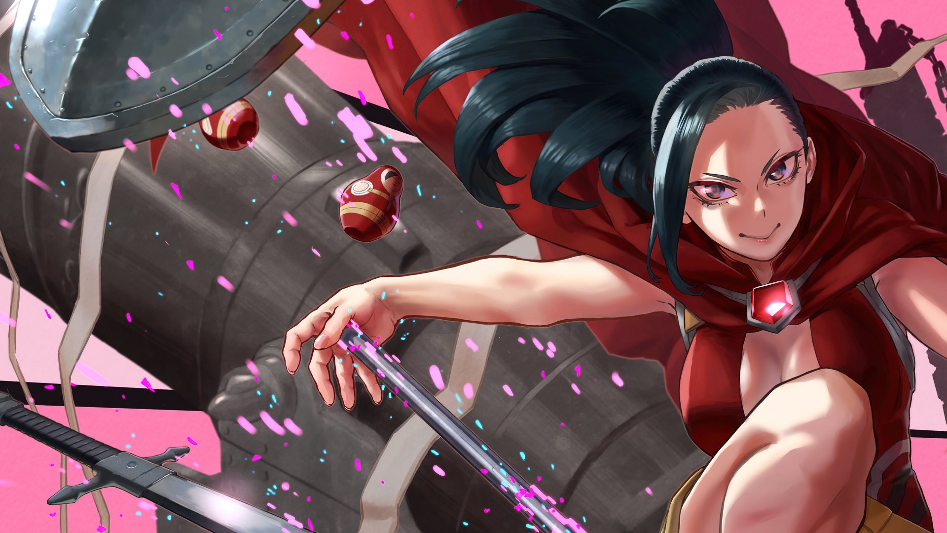 Momo Yaoyorozu (My Hero Academia) in a dynamic anime 4K Ultra HD PC desktop wallpaper: crouched, ready with a blade, red cloak, falling petals and mechanical gears on a pink-red background.