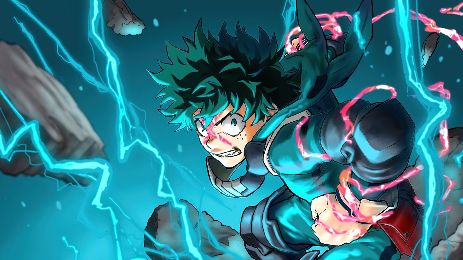 Izuku Midoriya from My Hero Academia depicted in dynamic action, surrounded by electric blue energy, featured in a vivid 4K Ultra HD anime desktop wallpaper.