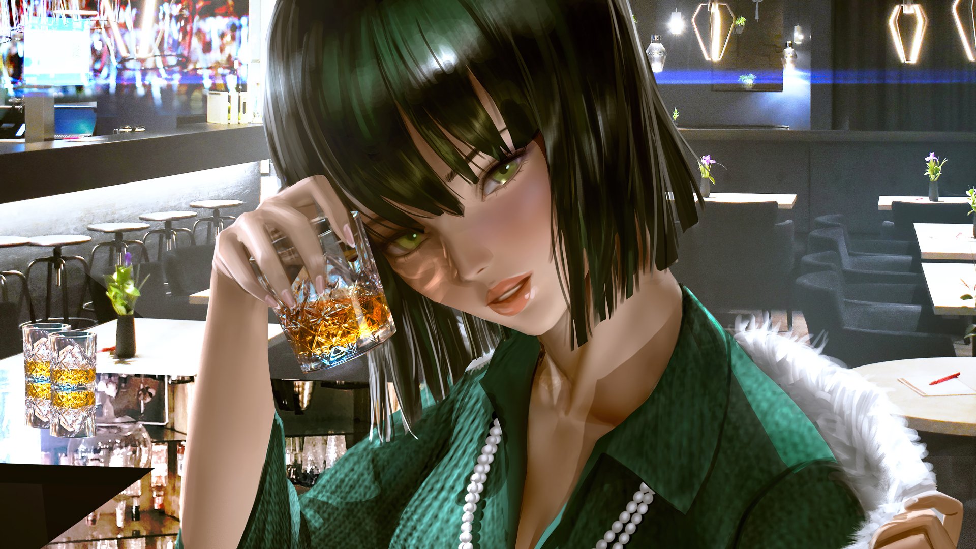 4K Ultra HD anime desktop wallpaper featuring Fubuki from One-Punch Man, depicted with short dark hair and a green outfit in a stylish bar setting.