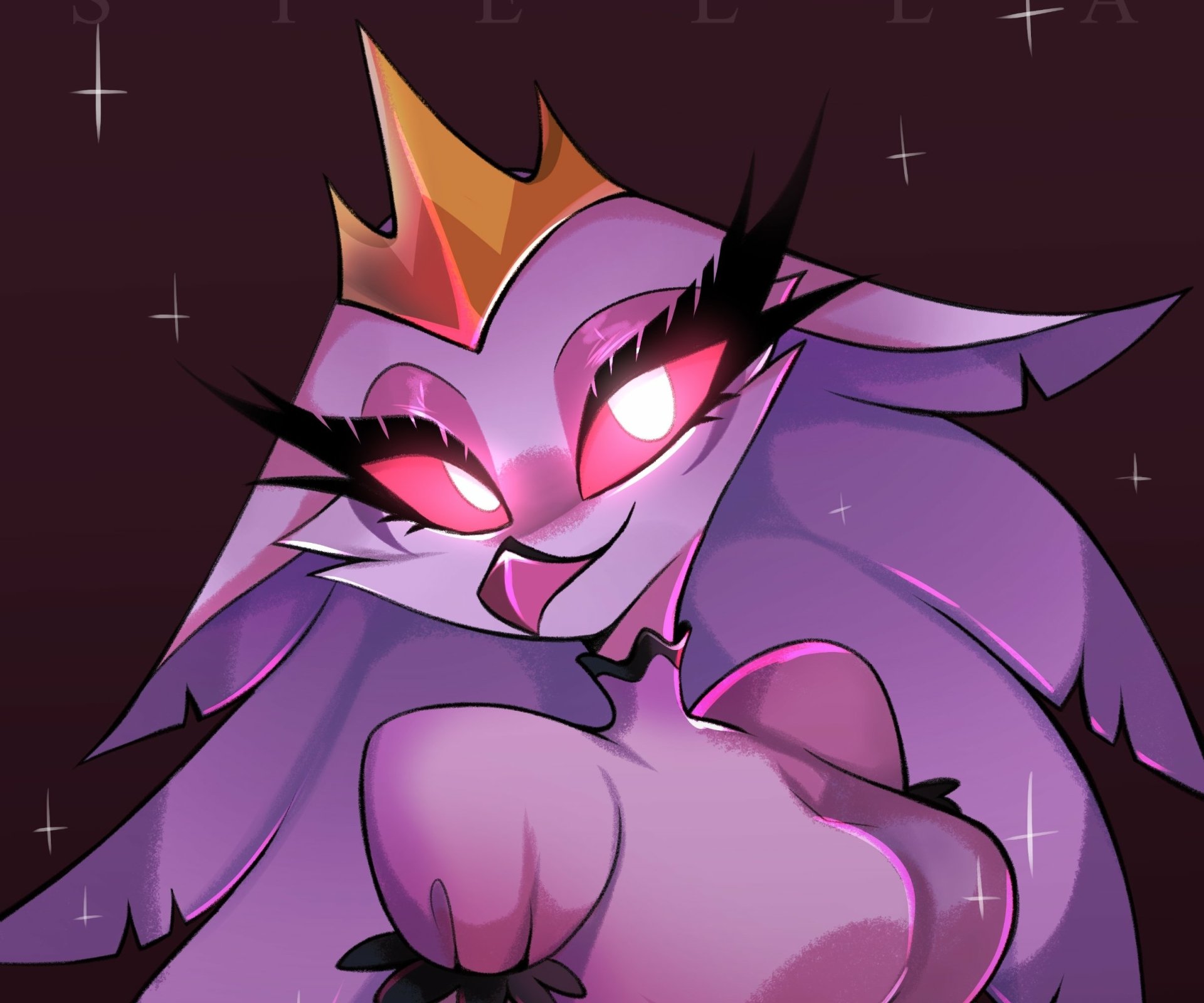 Close-up of Stella (Helluva Boss) with glowing pink eyes, crown and mischievous smile on purple tones; HD PC desktop wallpaper inspired by the TV show.