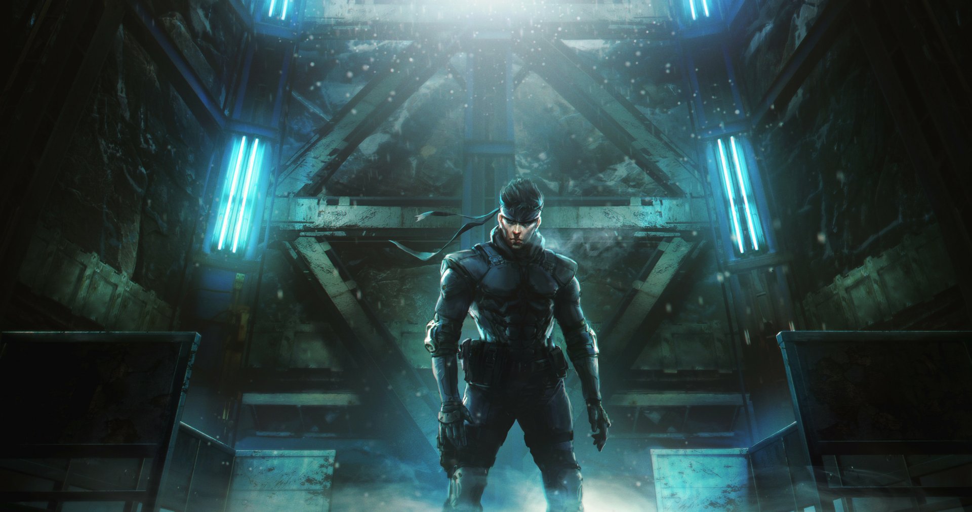 HD PC desktop wallpaper and background — Metal Gear Solid video game scene: lone armored operative stands in a misty, blue-lit industrial hangar.