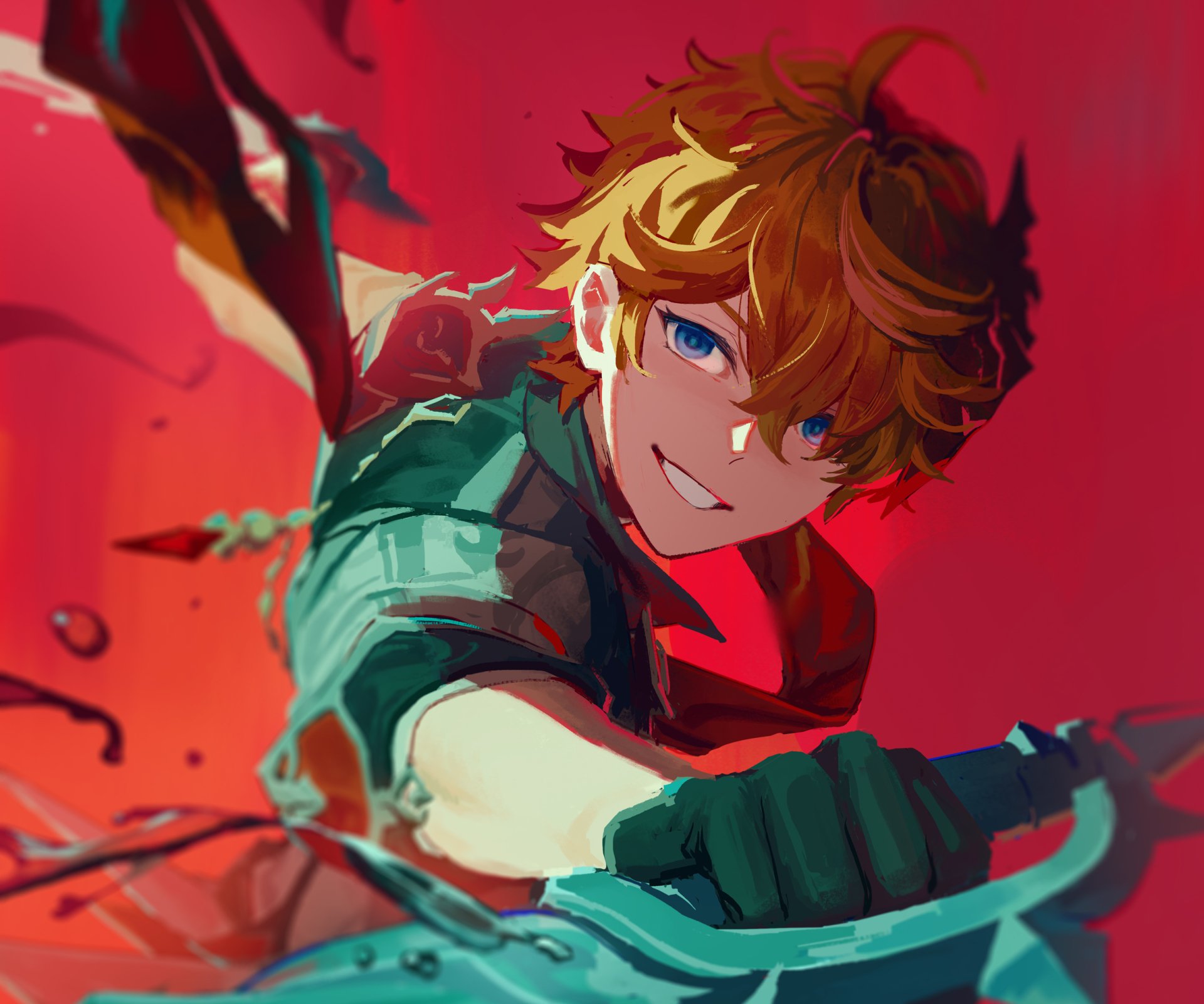 HD desktop wallpaper of Tartaglia Childe from the video game Genshin Impact, featuring vibrant colors and dynamic action pose.