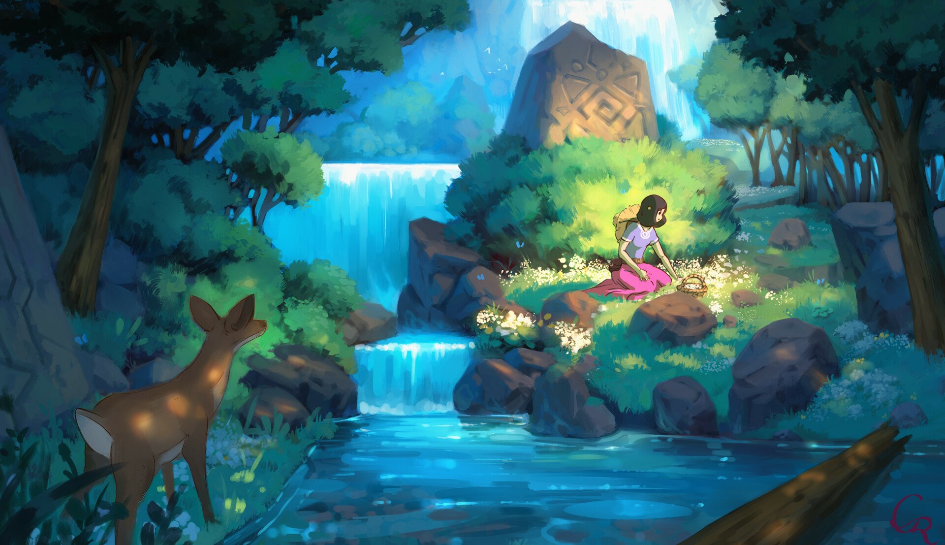 Download Waterfall Deer Anime Girl Anime Girl HD Wallpaper by Roberto Gatto