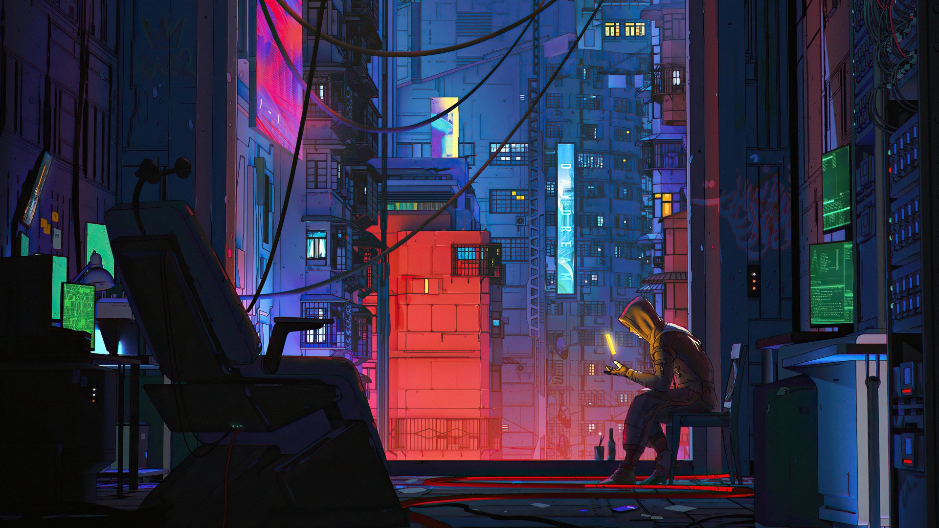 Futuristic sci-fi scene of a man sitting inside a neon-lit urban room, captured in vibrant 4K Ultra HD detail for a PC desktop wallpaper.