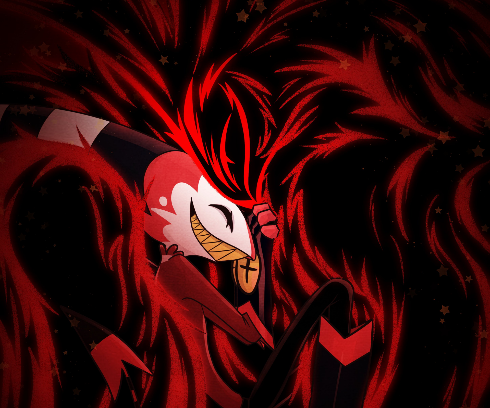 HD PC desktop wallpaper featuring Stolas and Blitzo from the TV show Helluva Boss, set against a dark, intense red and black background.