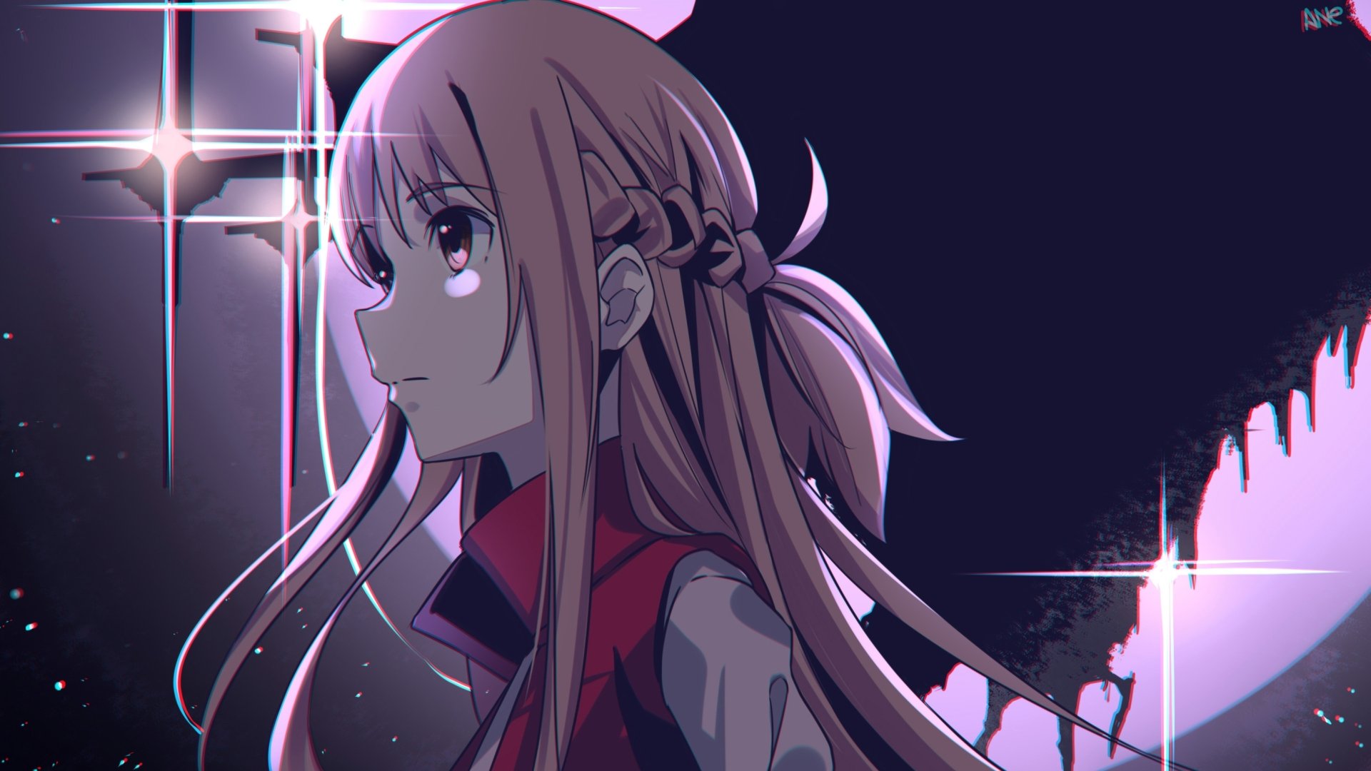 HD PC desktop wallpaper of Asuna Yuuki from the anime Sword Art Online, featuring a side profile with glowing light effects in a dark background.