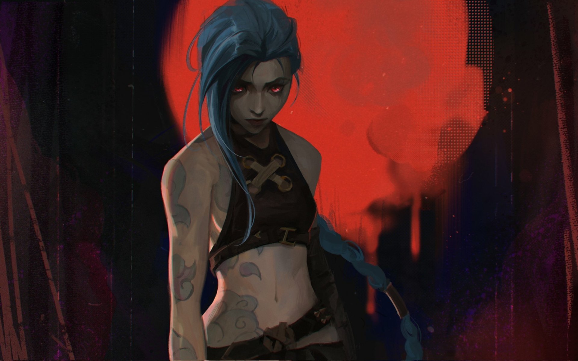 HD desktop wallpaper featuring Jinx from the Arcane TV show, based on League of Legends, with vibrant colors and moody, intense atmosphere.