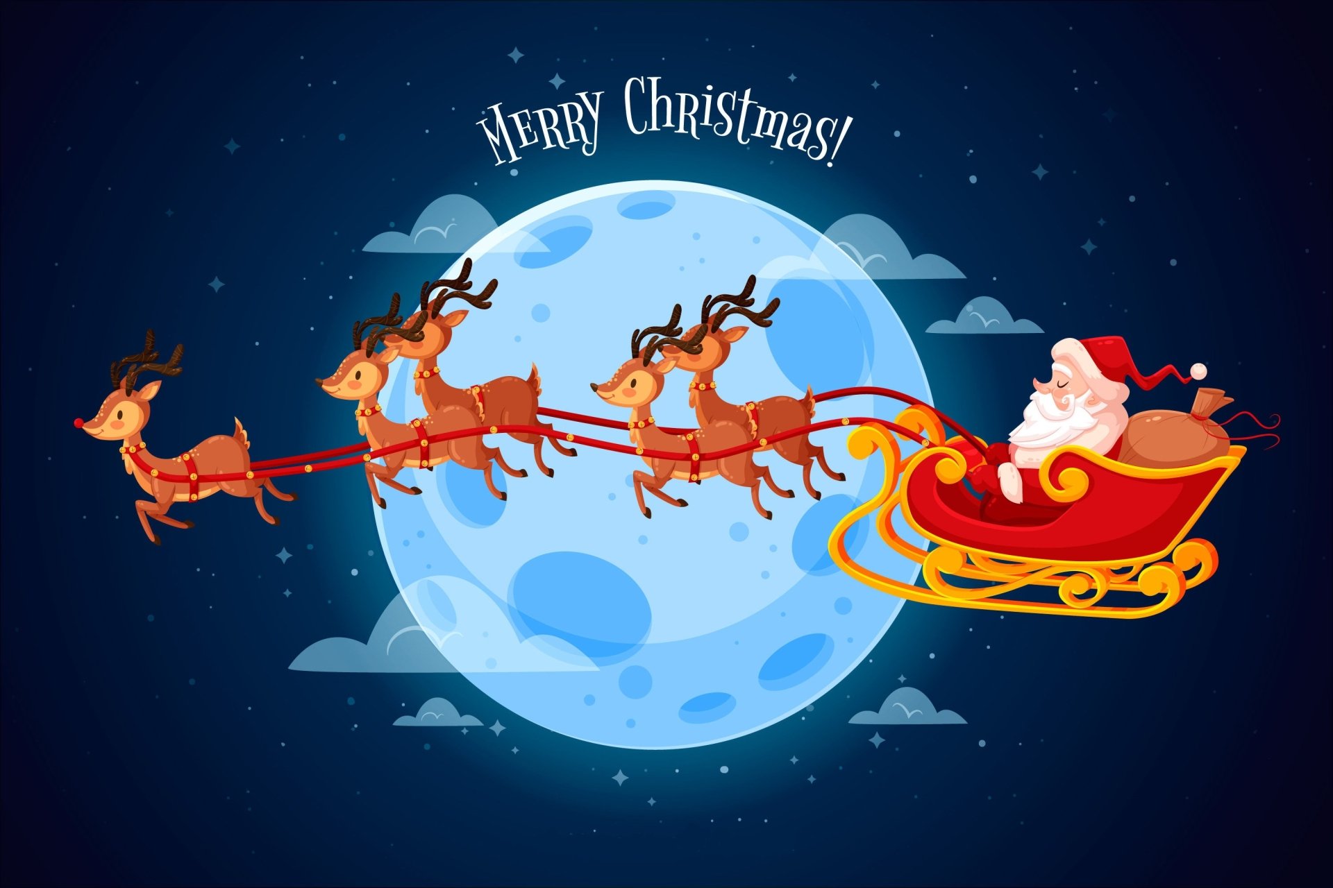2K Quad HD PC desktop wallpaper background: Santa in a red sleigh led by reindeer flying across a full moon against a starry holiday Christmas sky.