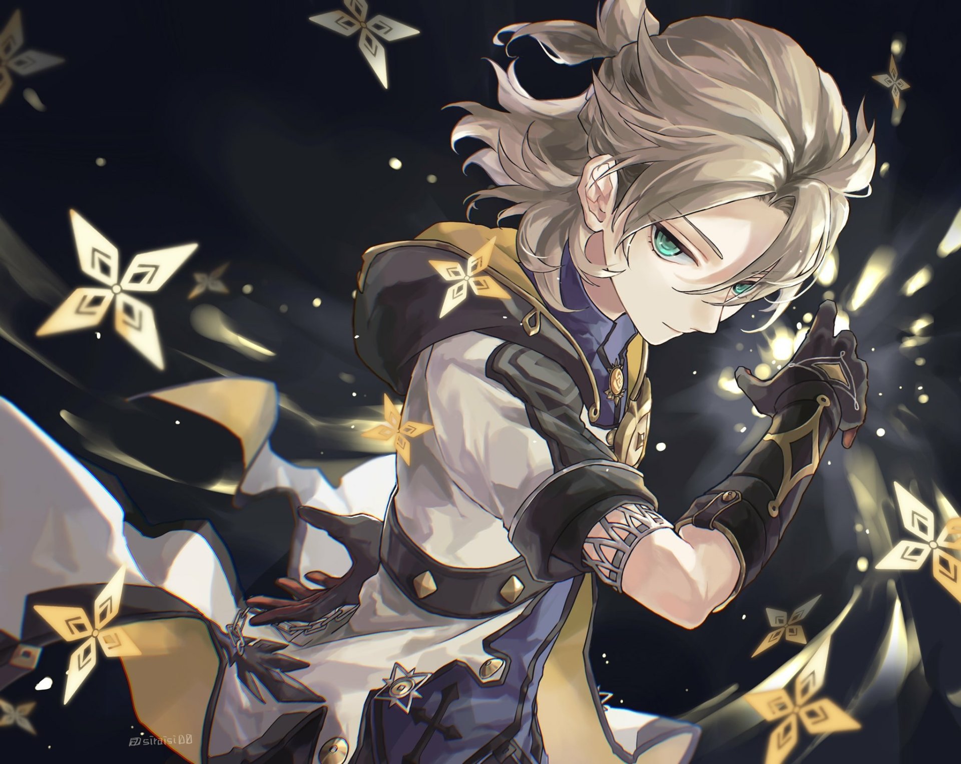 Albedo from Genshin Impact in a dynamic pose surrounded by glowing Geo sigils and alchemical sparks — HD PC desktop wallpaper/background for the Genshin Impact video game.