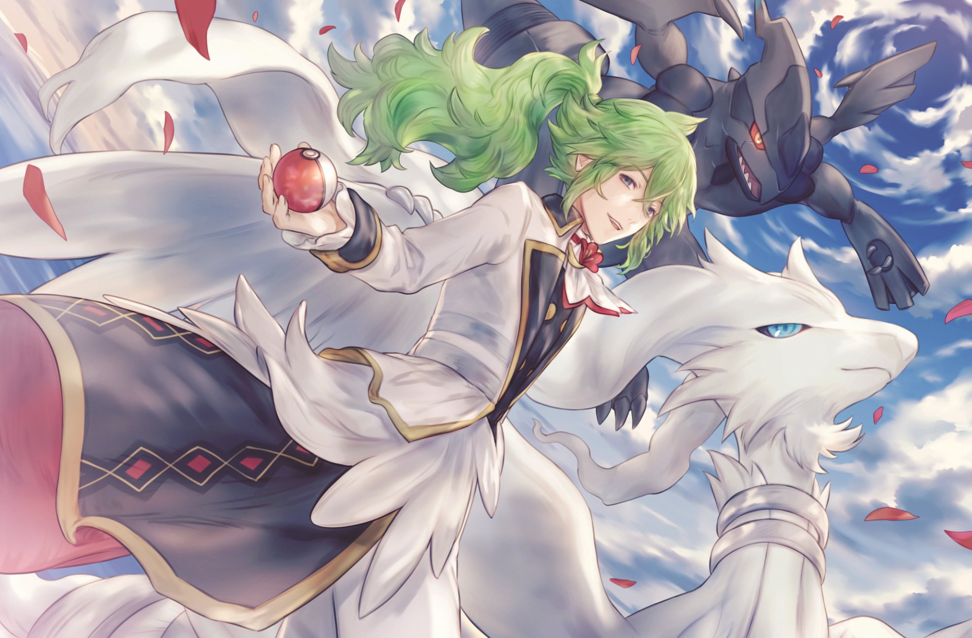 Anime HD PC desktop wallpaper of N holding a Pokéball, flanked by Reshiram (white) and Zekrom (black) soaring through dramatic clouds — Pokémon background artwork.